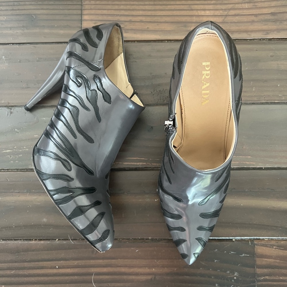Prada Grey/Black Leather Tiger Stripe Ankle Booties